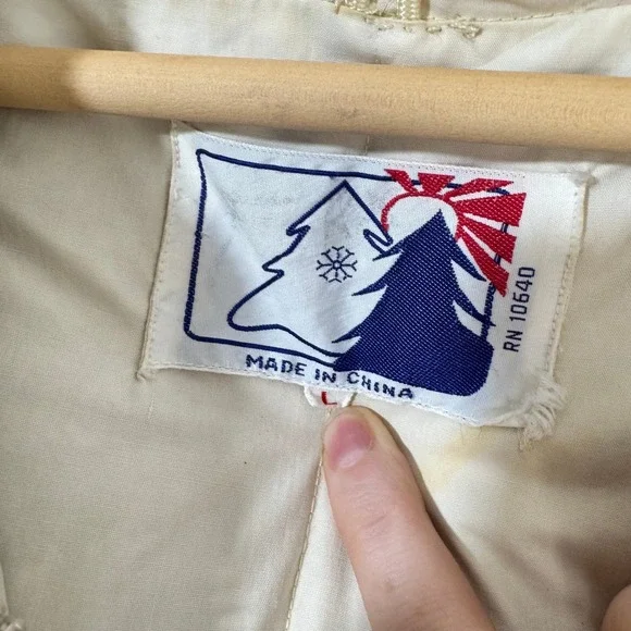 Vintage 70s Puffer Coat Cream Quilted Down Hooded Jacket Parka 60s Retro Large - Picture 2 of 5